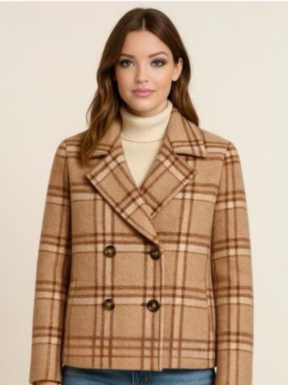 Rachel Zoe Tan Plaid Double-Breasted Pea Coat